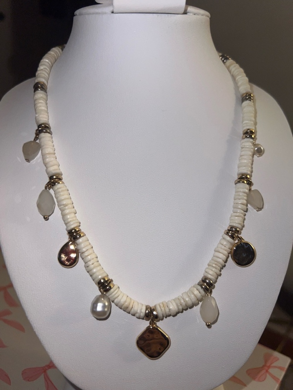 Beaded White Charm Necklace with Gold Accents - Women Jewelry